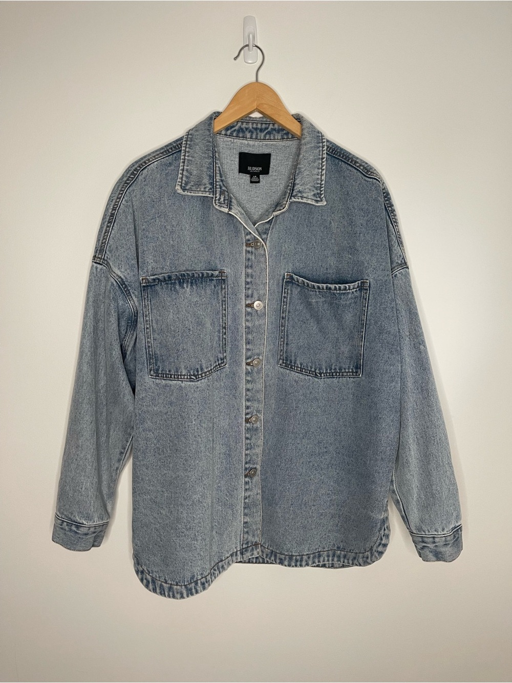 Hudson Jeans Washed Denim Button Down Oversize Shirt Jacket Large Barn Shacket